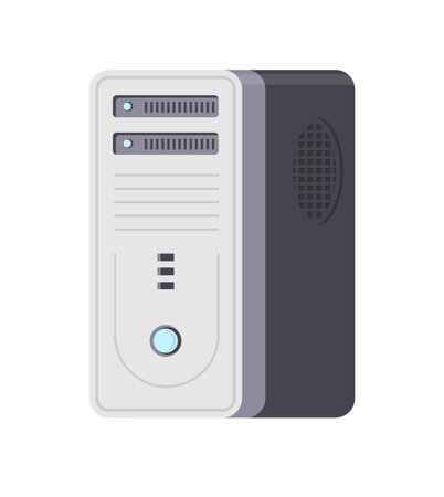 Computer system block isometric icon vector illustration. PC hardware portable electronic server technology isolated. Modern web appliance device component accessory with power button and driveのイラスト素材