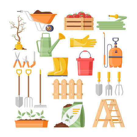 Collection seasonal gardening elements isometric icon vector illustration. Set farming agronomy equipment and plant cultivation seedling work hobby. Horticulture, shovel, soil, rubber boots, fenceのイラスト素材