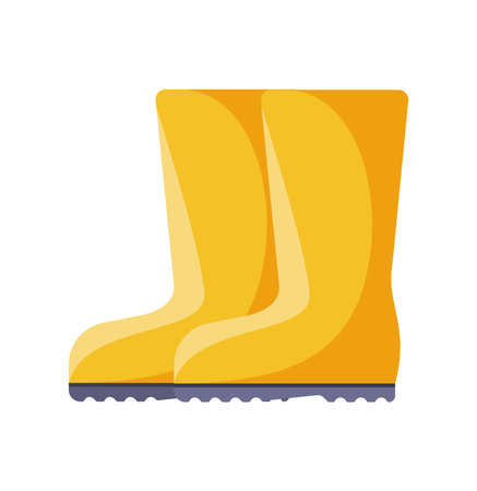 Pair of yellow rubber boots icon vector illustration. High clean gardening agriculture fishing autumn shoes for legs water protection isolated. Traditional farming footwear bright decorative designのイラスト素材