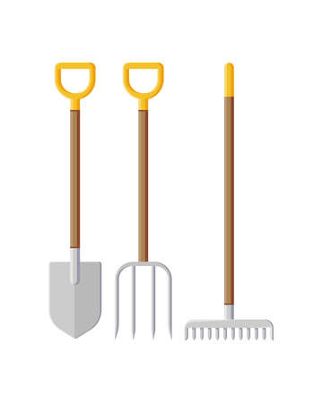 Collection gardening equipment for landscaping planting cultivating seasonal countryside work isometric icon vector illustration. Set farming instrument shovel rake and pitchfork agriculture toolのイラスト素材
