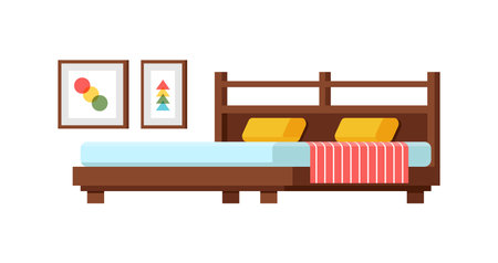 Double bed at comfortable bedroom with wall art picture isometric icon vector illustration. Bedding furniture for night sleep relaxing and home leisure with pillow and blanket. Wooden furniture designのイラスト素材