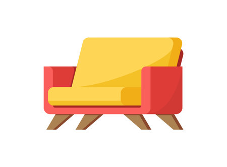 Comfortable yellow red armchair on wooden legs isometric icon vector illustration. Elegance modern fabric furniture for relaxing sitting enjoy break. Comfy seat furniture decorative designのイラスト素材