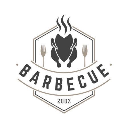 Restaurant logo template vector object for logotype or badge design. Trendy retro style illustration, barbecue grill chicken silhouette.のイラスト素材