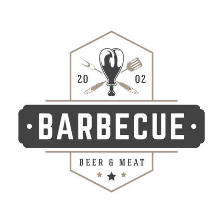 Restaurant logo template vector object for logotype or badge design. Trendy retro style illustration, barbecue grill chicken silhouette.のイラスト素材