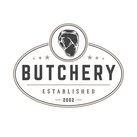 Butchery shop logo template vector object for logotype or badge design. Trendy retro style illustration, meat steak silhouette.のイラスト素材