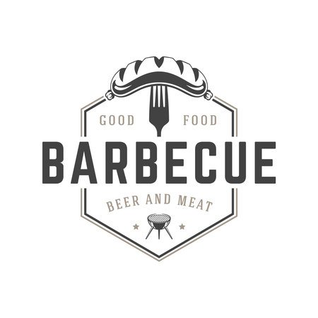 Restaurant logo template vector object for logotype or badge design. Trendy retro style illustration, barbecue grill sausage and fork silhouette.のイラスト素材
