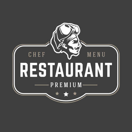Restaurant logo template vector object for logotype or badge design. Trendy retro style illustration, chef man silhouette.のイラスト素材
