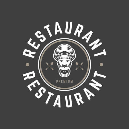 Restaurant logo template vector object for logotype or badge design. Trendy retro style illustration, chef man silhouette.のイラスト素材