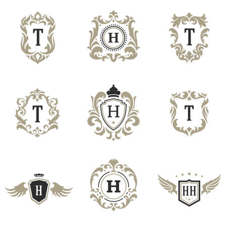 Luxury monogram logos templates vector objects set for logotype or badge design. Trendy vintage royal ornament frames illustration, good for fashion boutique, alcohol or hotel brand.のイラスト素材