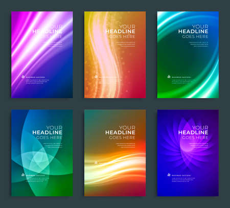 Modern abstract annual report, flyer design, brochure templates set. Vector illustration for business covers, corporate presentation banners. Colorful light lines.のイラスト素材