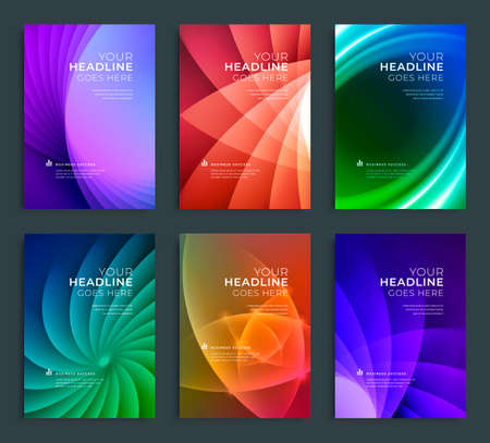 Modern abstract annual report, flyer design, brochure templates set. Vector illustration for business covers, corporate presentation banners. Colorful light lines.のイラスト素材