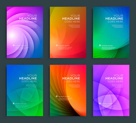 Modern abstract annual report, flyer design, brochure templates set. Vector illustration for business covers, corporate presentation banners. Colorful light lines.のイラスト素材