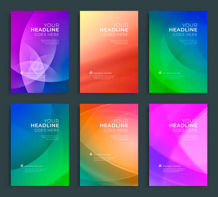Modern abstract annual report, flyer design, brochure templates set. Vector illustration for business covers, corporate presentation banners. Colorful light lines.のイラスト素材