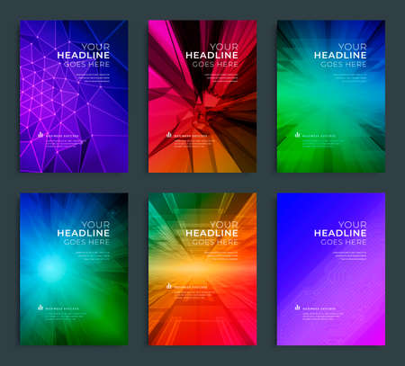 Modern abstract annual report, flyer design, brochure templates set. Vector illustration for business covers, corporate presentation banners. Geometric lines.のイラスト素材