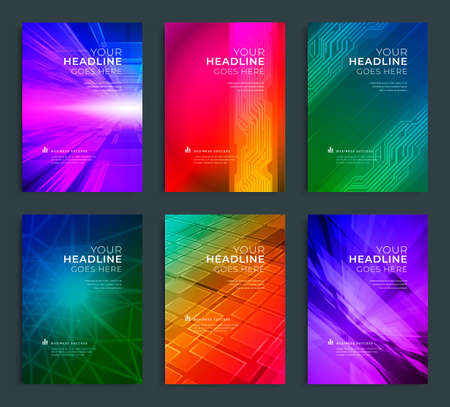 Modern abstract annual report, flyer design, brochure templates set. Vector illustration for business covers, corporate presentation banners. Geometric lines.のイラスト素材