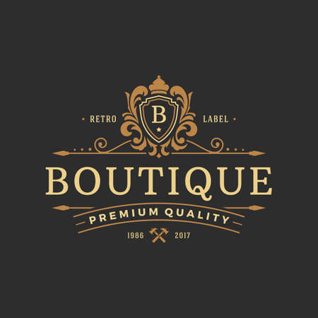 Luxury logo template vector object for logotype or badge design. Trendy vintage royal style illustration, good for fashion boutique, alcohol or hotel brandのイラスト素材