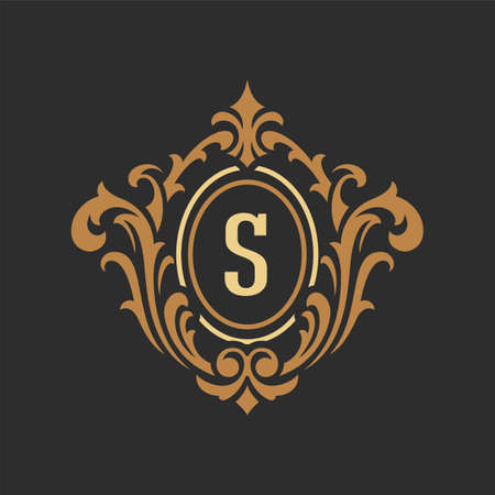 Luxury monogram logo template vector object for logotype or badge design. Trendy vintage royal ornament frame illustration, good for fashion boutique, alcohol or hotel brandのイラスト素材