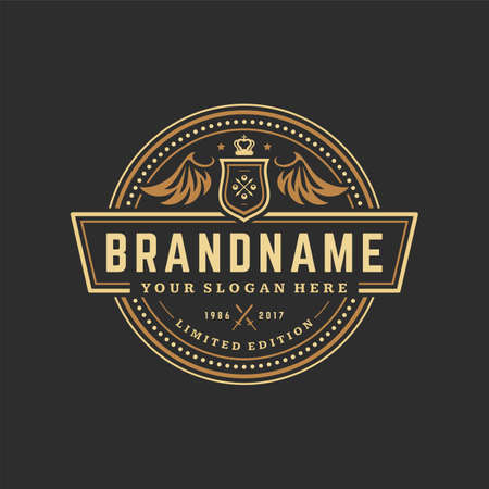 Luxury logo template vector object for logotype or badge design. Trendy vintage royal style illustration, good for fashion boutique, alcohol or hotel brandのイラスト素材