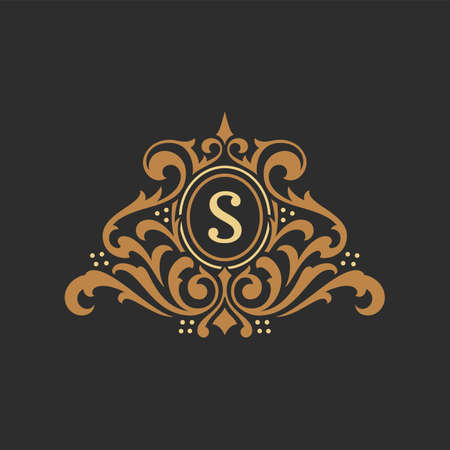 Luxury monogram logo template vector object for logotype or badge design. Trendy vintage royal ornament frame illustration, good for fashion boutique, alcohol or hotel brandのイラスト素材