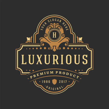 Luxury logo template vector object for logotype or badge design. Trendy vintage royal style illustration, good for fashion boutique, alcohol or hotel brandのイラスト素材