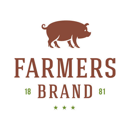 Farmers market logo template vector illustration. Farmer logotype or badge design. Trendy retro style pig silhouette.のイラスト素材