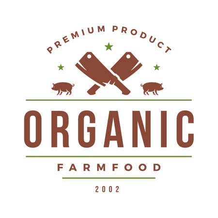 Farmers market logo template vector illustration. Farmer logotype or badge design. Trendy retro style pig silhouette.のイラスト素材