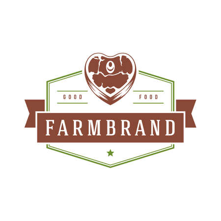 Farmers market logo template vector illustration. Farmer logotype or badge design. Meat heart steak silhouette.のイラスト素材
