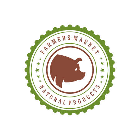 Farmers market logo template vector illustration. Farmer logotype or badge design. Trendy retro style pig head silhouette.のイラスト素材