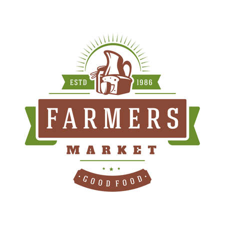 Farmers market logo template vector illustration. Farmer logotype or badge design. Trendy retro style farm natural organic products food silhouette.のイラスト素材