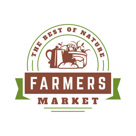 Farmers market logo template vector illustration. Farmer logotype or badge design. Trendy retro style farm natural organic products food silhouette.のイラスト素材