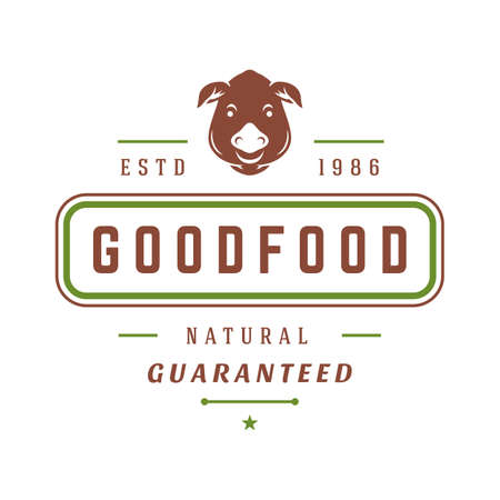 Farmers market logo template vector illustration. Farmer logotype or badge design. Trendy retro style pig head silhouette.のイラスト素材