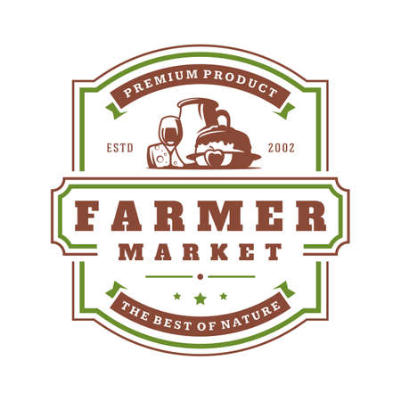 Farmers market logo template vector illustration. Farmer logotype or badge design. Trendy retro style farm natural organic products food silhouette.のイラスト素材