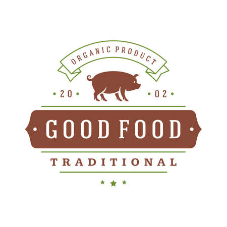 Farmers market logo template vector illustration. Farmer logotype or badge design. Trendy retro style pig silhouette.のイラスト素材
