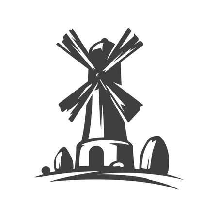 Mill silhouette isolated on white background vector object in retro style. Can be used for logo or badge.のイラスト素材