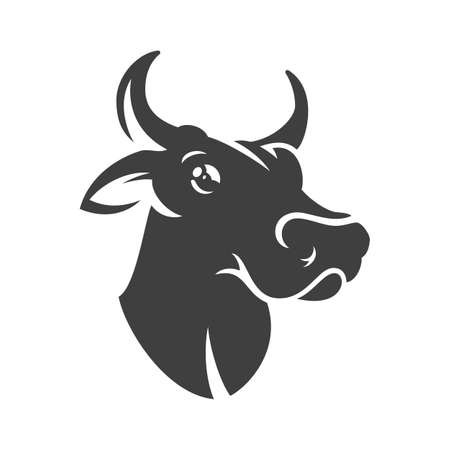 Cow head silhouette isolated on white background vector object in retro style. Can be used for logo or badge. Farm animal.のイラスト素材