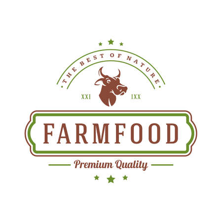 Farmers market logo template vector illustration. Farmer logotype or badge design. Trendy retro style farm natural organic products food silhouette.のイラスト素材