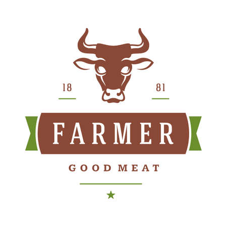 Farmers market logo template vector illustration. Farmer logotype or badge design. Trendy retro style farm barn silhouette.のイラスト素材