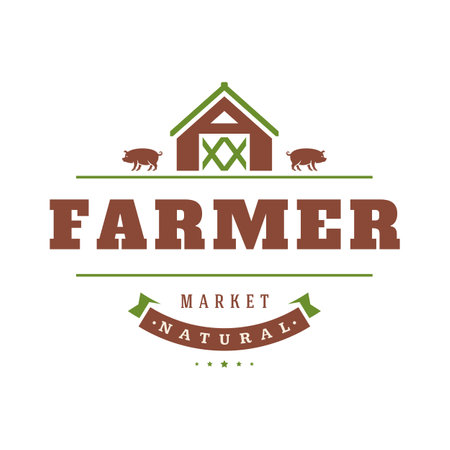 Farmers market logo template vector illustration. Farmer logotype or badge design. Trendy retro style farm barn silhouette.のイラスト素材