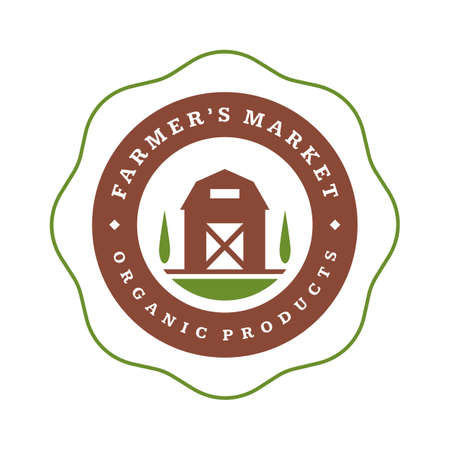 Farmers market logo template vector illustration. Farmer logotype or badge design. Trendy retro style farm barn silhouette.のイラスト素材
