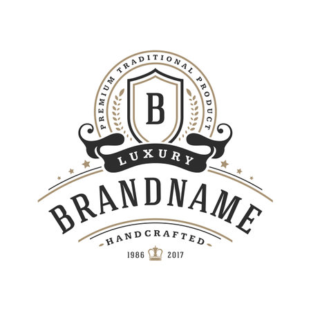 Luxury logo template vector object for logotype or badge design. Trendy vintage royal style illustration, good for fashion boutique, alcohol or hotel brandのイラスト素材