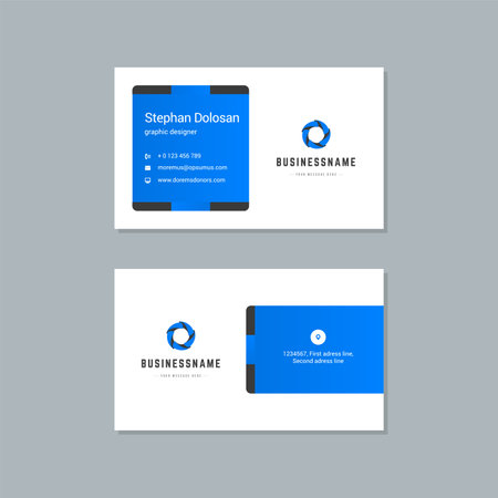 Business card design blue and black colors template modern corporate branding style vector illustration. Two sides with abstract logo on clean backgroundのイラスト素材