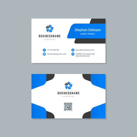 Business card design blue and black colors template modern corporate branding style vector illustration. Two sides with abstract logo on clean backgroundのイラスト素材