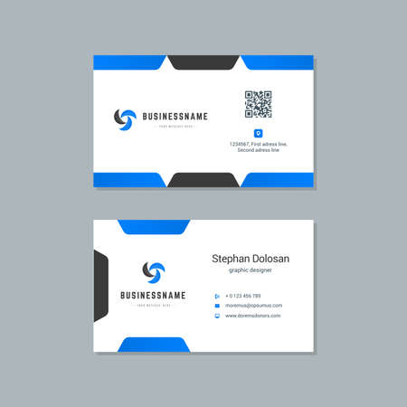 Business card design blue and black colors template modern corporate branding style vector illustration. Two sides with abstract logo on clean backgroundのイラスト素材