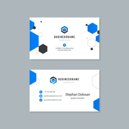 Business card design blue and black colors template modern corporate branding style vector illustration. Two sides with abstract logo on clean backgroundのイラスト素材