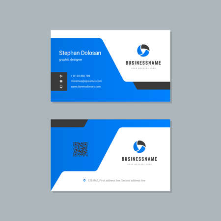 Business card design blue and black colors template modern corporate branding style vector illustration. Two sides with abstract logo on clean backgroundのイラスト素材
