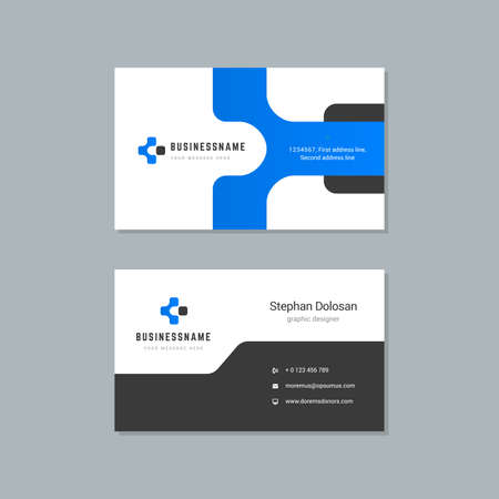 Business card design blue and black colors template modern corporate branding style vector illustration. Two sides with abstract logo on clean backgroundのイラスト素材
