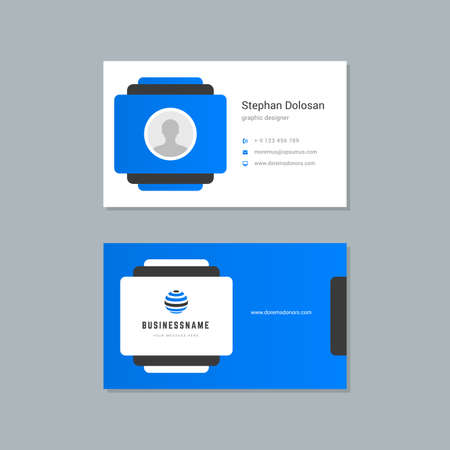 Business card design blue and black colors template modern corporate branding style vector illustration. Two sides with abstract logo on clean backgroundのイラスト素材