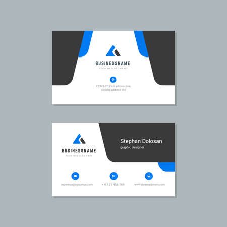 Business card design blue and black colors template modern corporate branding style vector illustration. Two sides with abstract logo on clean backgroundのイラスト素材