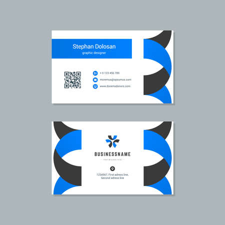 Business card design blue and black colors template modern corporate branding style vector illustration. Two sides with abstract logo on clean backgroundのイラスト素材