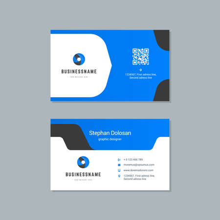 Business card design blue and black colors template modern corporate branding style vector illustration. Two sides with abstract logo on clean backgroundのイラスト素材